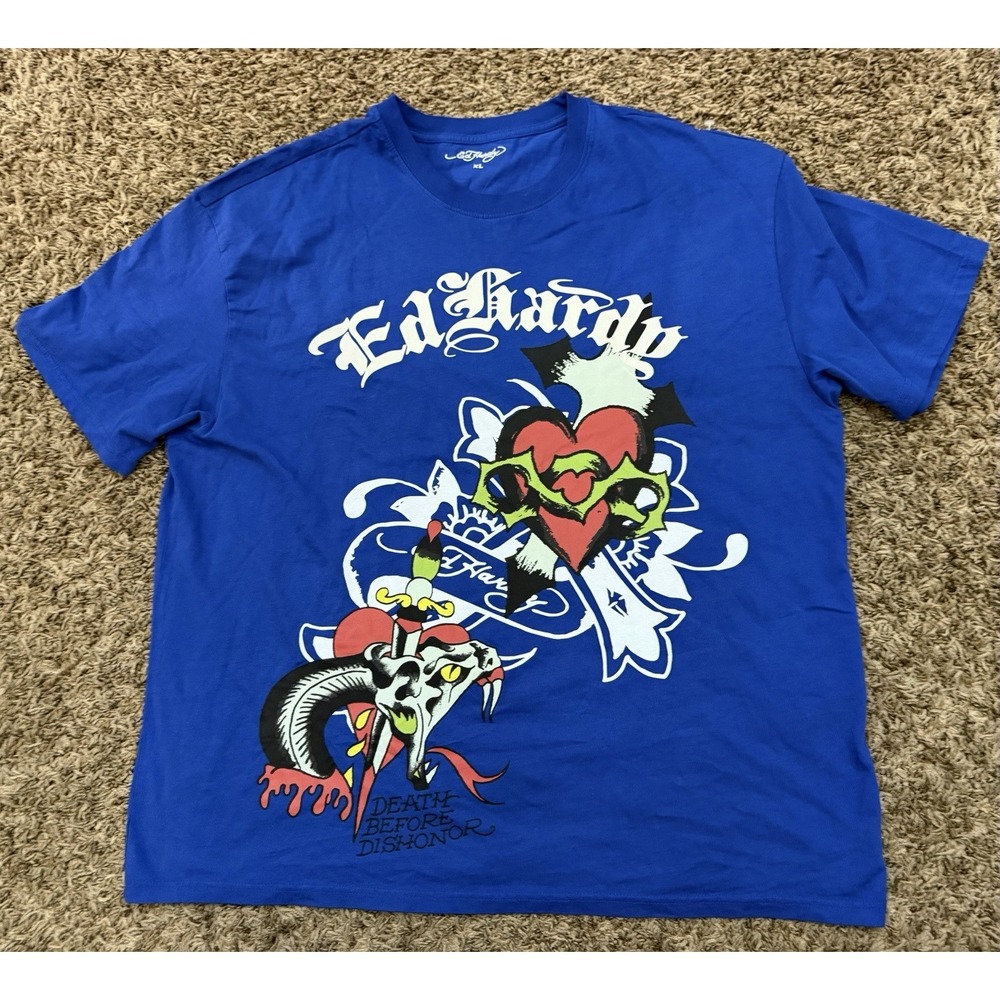 ED HARDY "Death Before Honor" Blue T-Shirt Double Sided Mens Size XL
